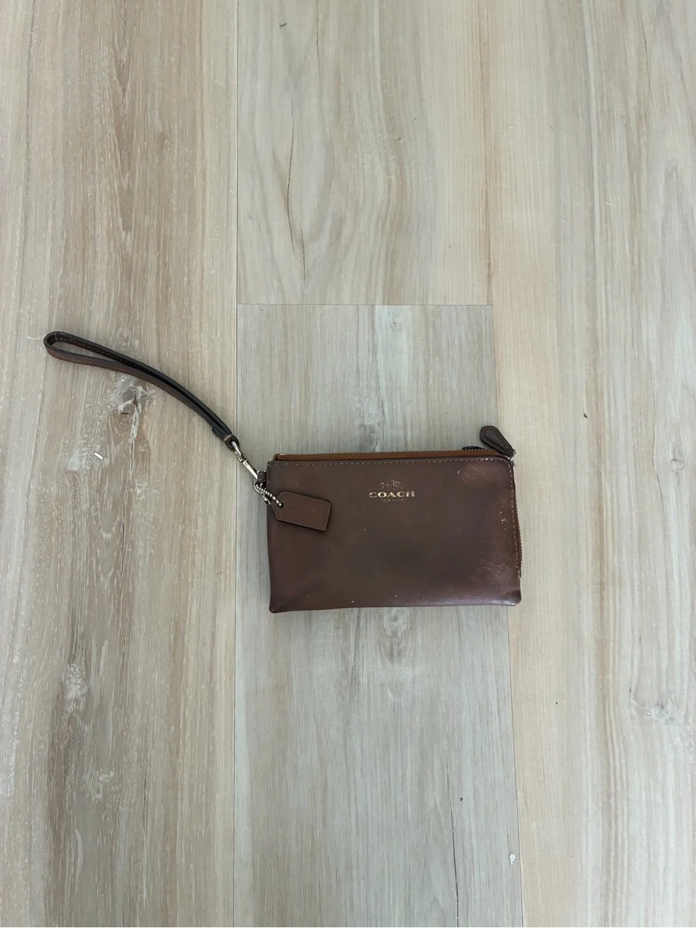Coach Brown Leather Wristlet Clutch with Gold Logo